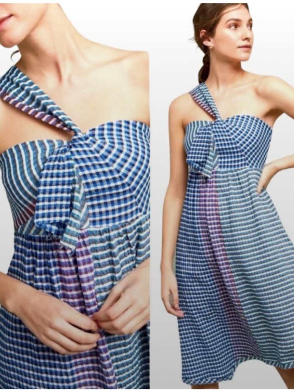 ANTHROPOLOGIE MAEVE Waverly Gingham One Shoulder Dress 4 Petite Coquette Twee
